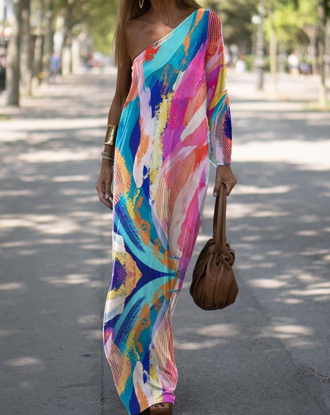 Abstract Print One Shoulder Maxi Dress Elegant Dresses - Casual New Fashion Casual Female Clothing Outfits A