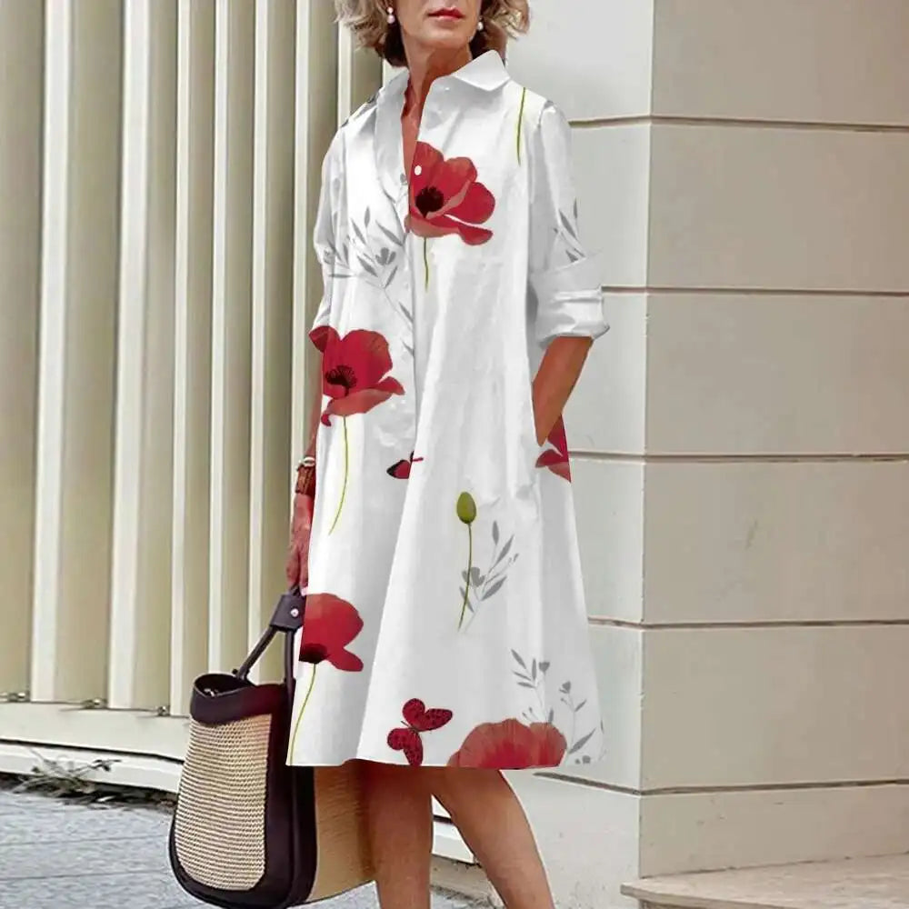 Women's Elegant Shirt Dresses Fall Fashion Floral Long Sleeve Loose A-Line Dresses Women's Office Ladies Red Green Lapel Gowns A9SZXG2482913310