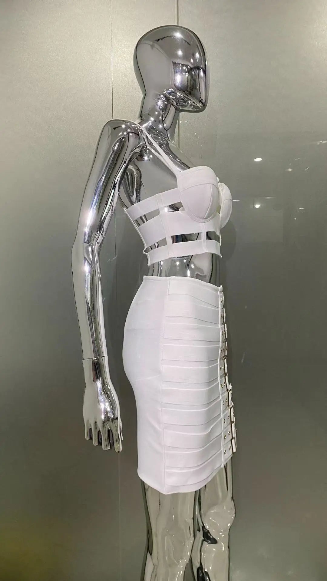 2025 Summer women's new white sexy camisole top+belt buckle mini skirt fashionable 2 piece bandage set