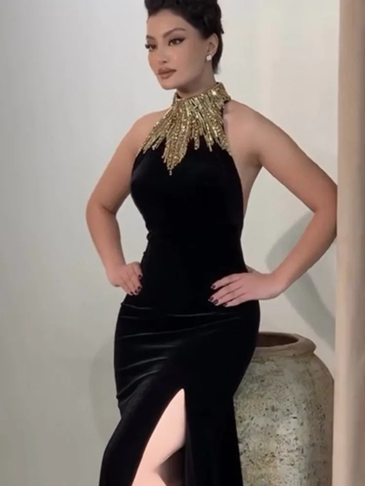 Women Celebrity Sexy Turtleneck Beading Patchwork Black Maxi Long Bodycon Bandage Dress 2025 Elegant Evening Club Party Outfit