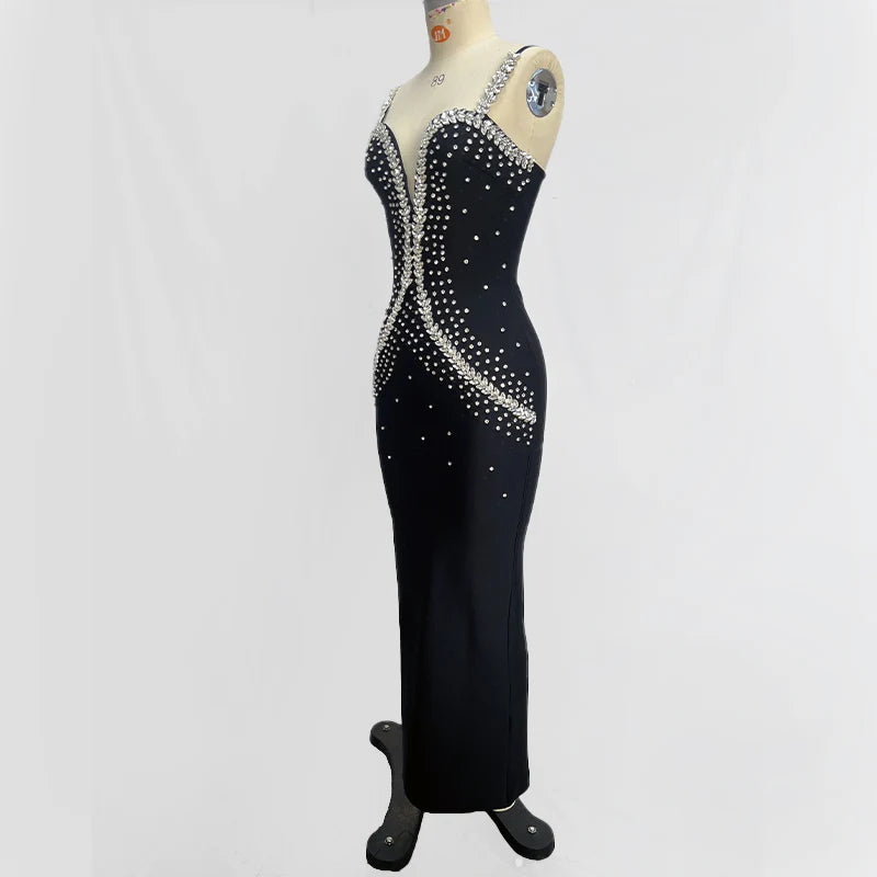 High quality women's summer new black sexy suspender hot stamping diamond backless slim fitting bandage dress elegant and fashio