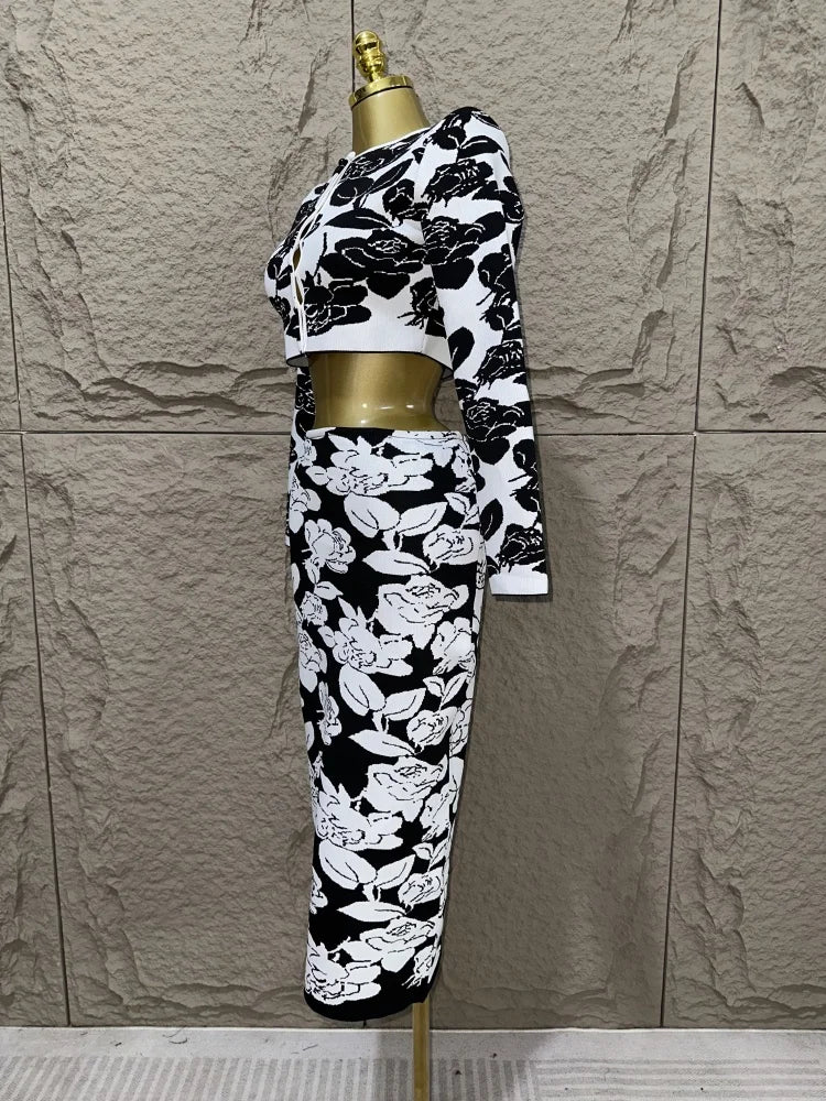 New women bandage jacquard knitted set, black and white flower jacquard short top, hip wrap skirt two-piece set