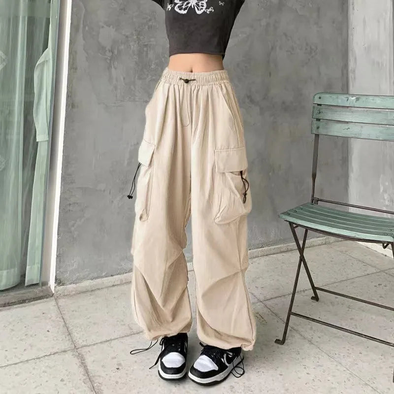 Women Casual Joggers Tech Pants Solid Low Waist Pants Drawstring Wide Leg Baggy Trousers Y2k Streetwear Oversize Sweatpants KI