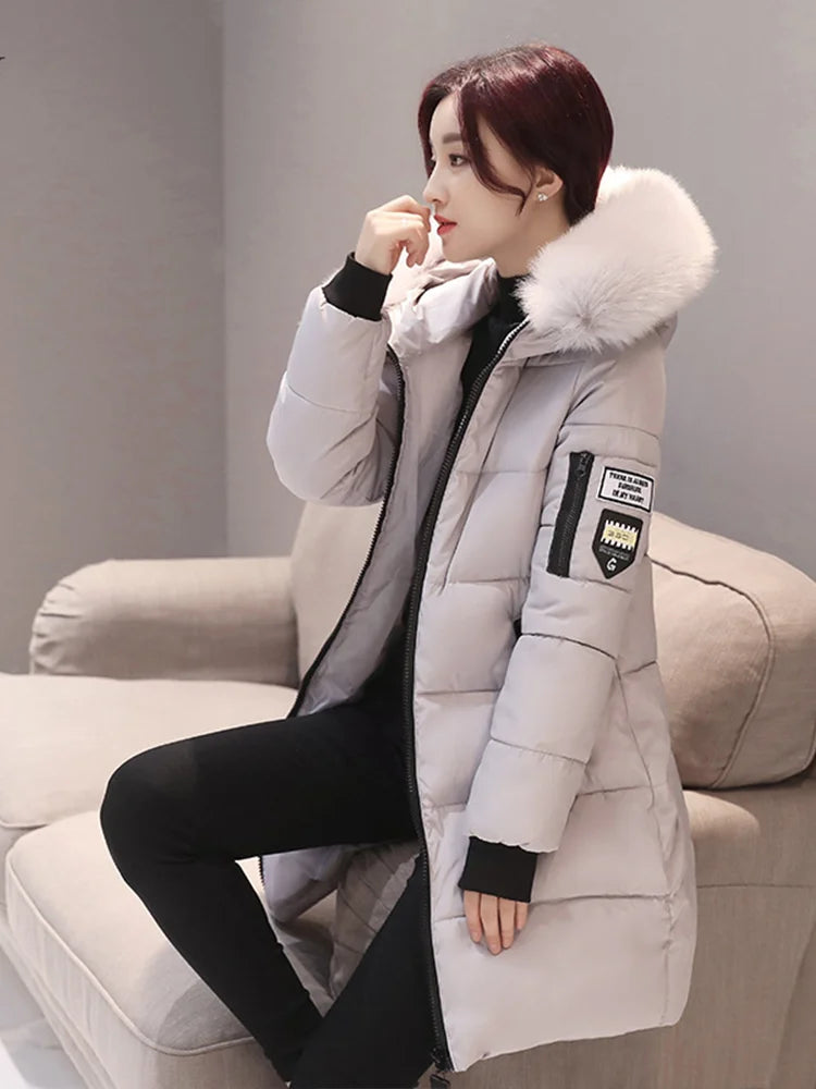 Women Winter Fur Collar Hooded Parka Fashion Letter Patch Zipper Pockets Design Long Jacket Elegant Slim Warm Thick Female Coats Grey