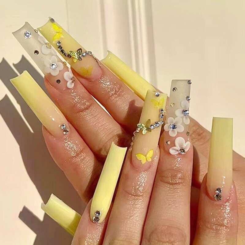Acrylic Fake Nails Wearable Long Sharp Nail Broken Diamond Butterfly Dot Diamond Full Cover Nail Tips Set Press On Nails New QH-31