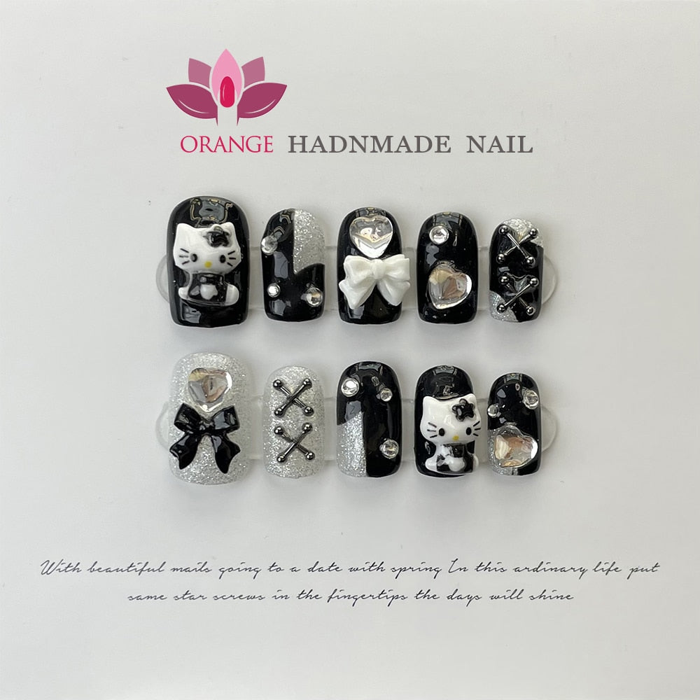 Acrylic Press on Nails With 3d Designs Kawaii Cat Cute Full Cover Artificial Nails Black Color Handmade Japanese Manicuree Nails