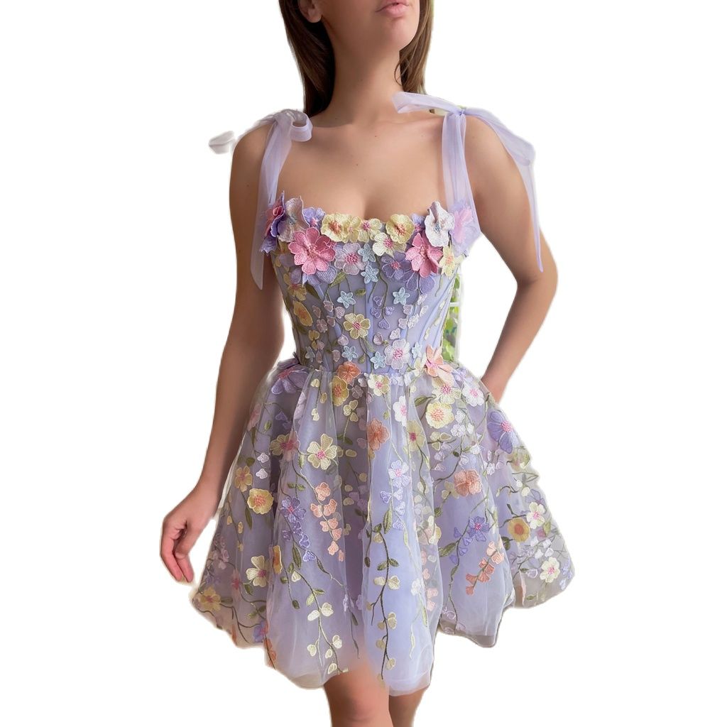Adjustable Tie Bow strap Light Purple Mini Floral Dress 3D Embroidery Layered Evening Prom Dress Elegant Summer Flowers Dresses