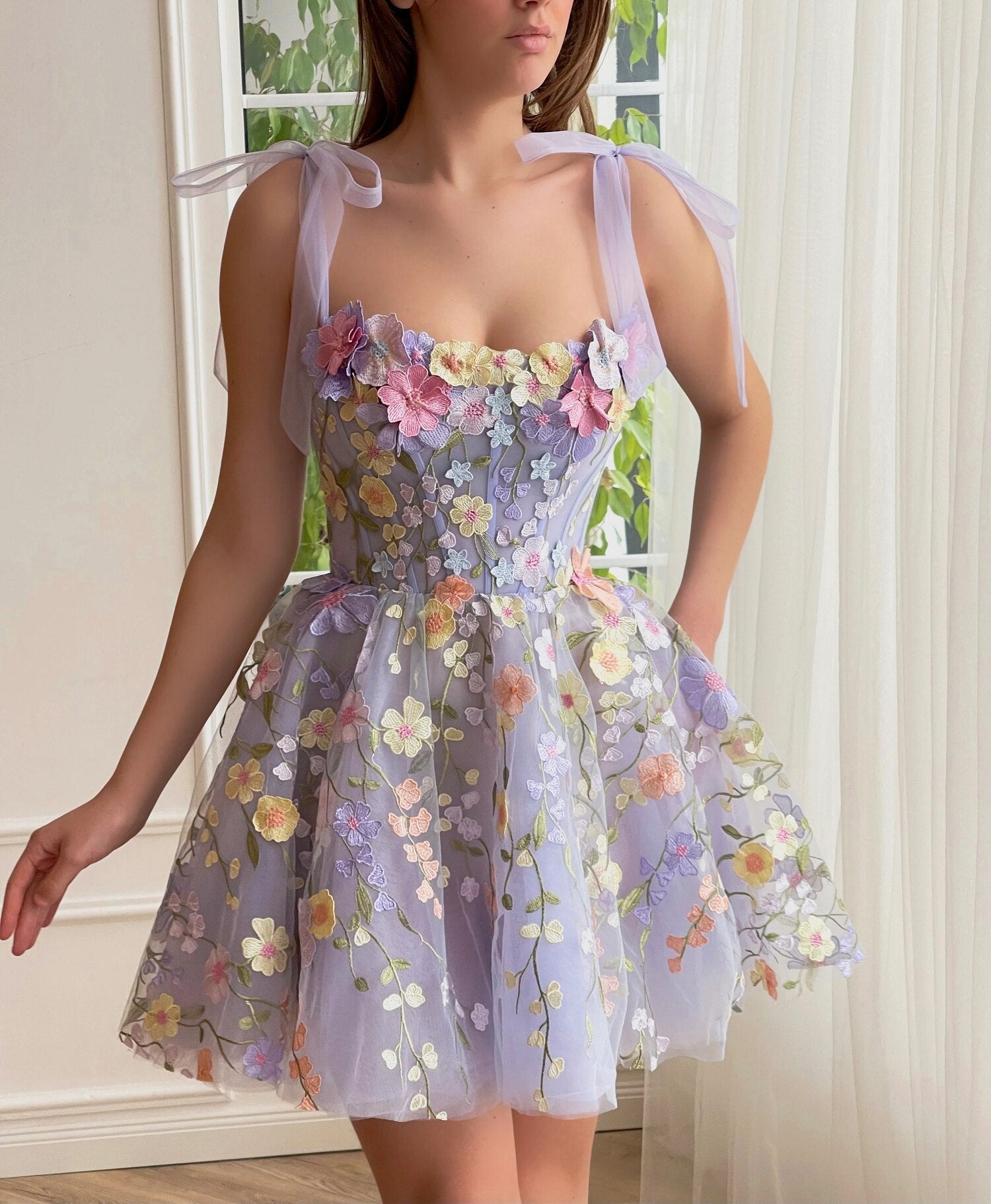 Adjustable Tie Bow strap Light Purple Mini Floral Dress 3D Embroidery Layered Evening Prom Dress Elegant Summer Flowers Dresses