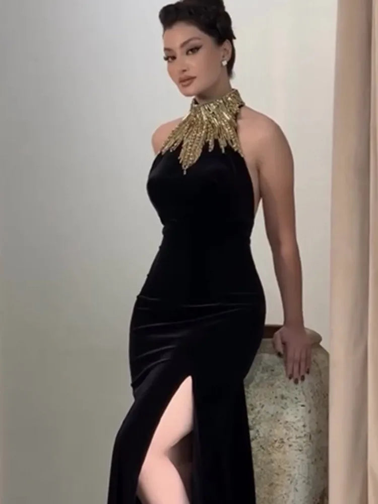 Women Celebrity Sexy Turtleneck Beading Patchwork Black Maxi Long Bodycon Bandage Dress 2025 Elegant Evening Club Party Outfit black