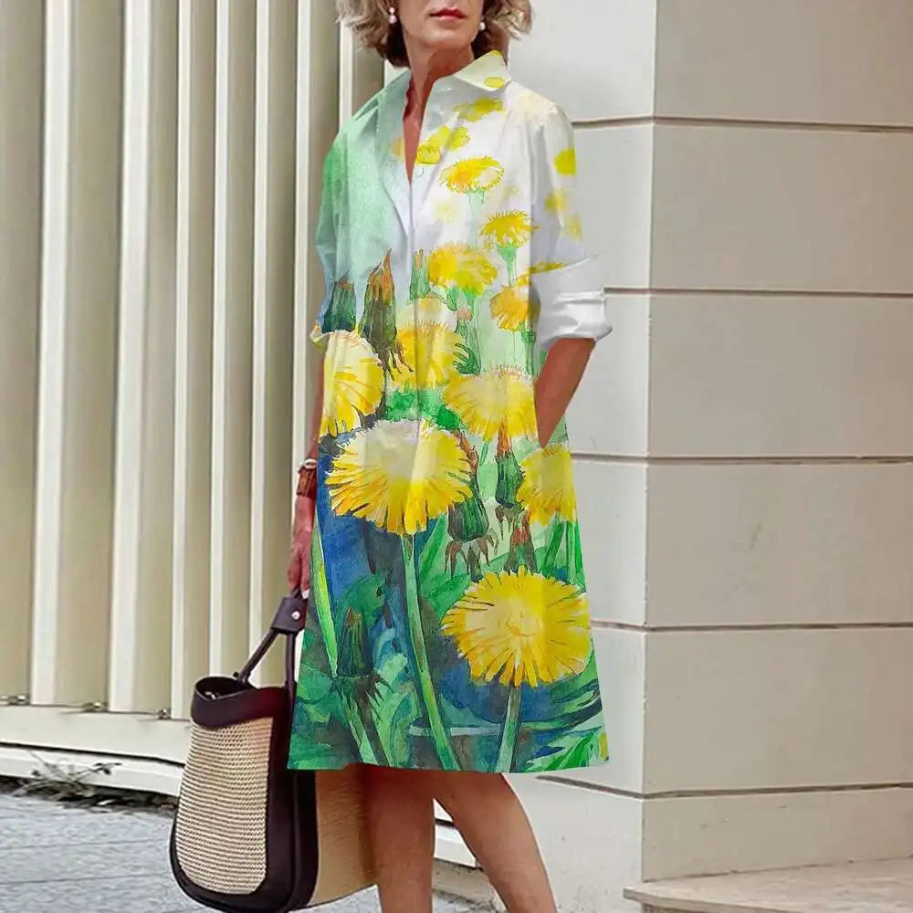 Women's Elegant Shirt Dresses Fall Fashion Floral Long Sleeve Loose A-Line Dresses Women's Office Ladies Red Green Lapel Gowns A9SZXG248291336