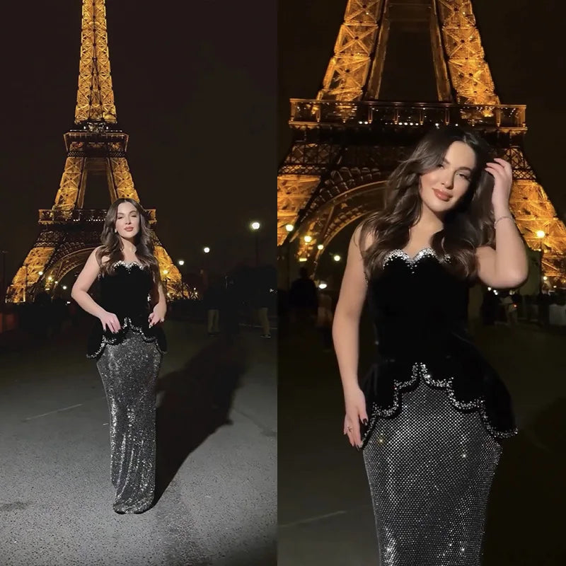 High street new black design sleeveless tube top short top + hot diamond skirt suit evening dress