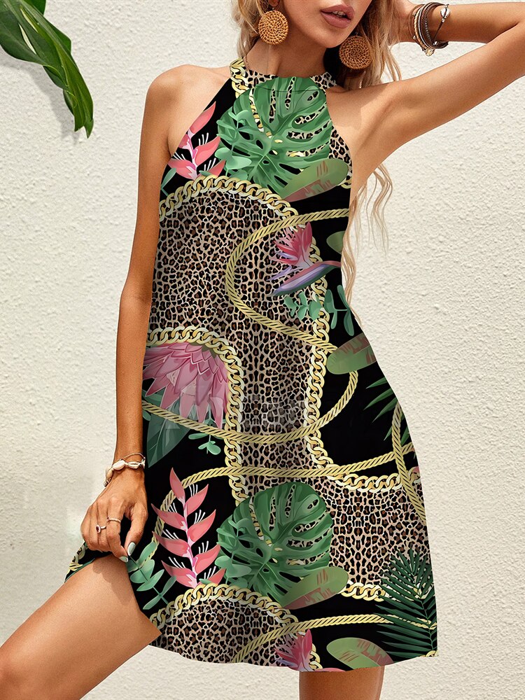 Tropical Floral Chain Print Halter Dress Summer Women's Sleeveless Lace Up Mini Dress Elegant Vestidos Boho Party Beach Sundress 3