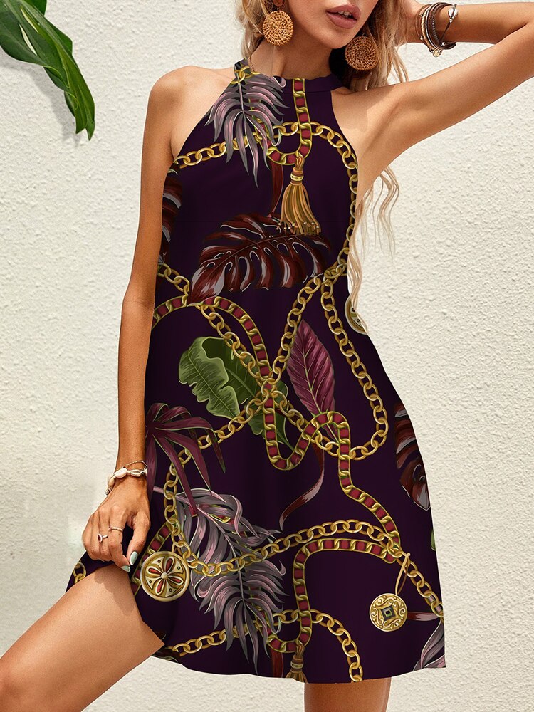 Tropical Floral Chain Print Halter Dress Summer Women's Sleeveless Lace Up Mini Dress Elegant Vestidos Boho Party Beach Sundress 7