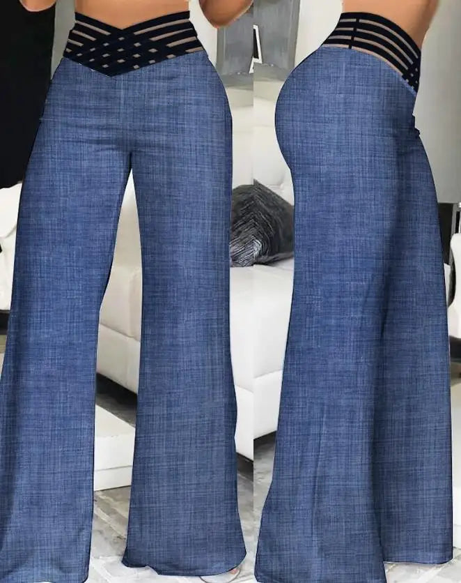 Elegant High Waist Flared Women Pants Office Casual Crisscross Sheer Mesh Patch Mesh Patch Casual Trousers Women Clothes Denim Blue
