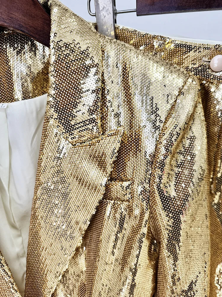 High quality star fashion gold sequin suit jacket+pants set two-piece set