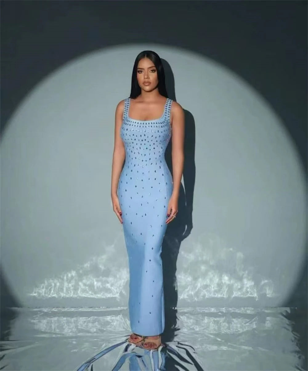 High quality summer women's new blue sexy suspender with hot stamping and sparkling long bandage dress elegant fashion party