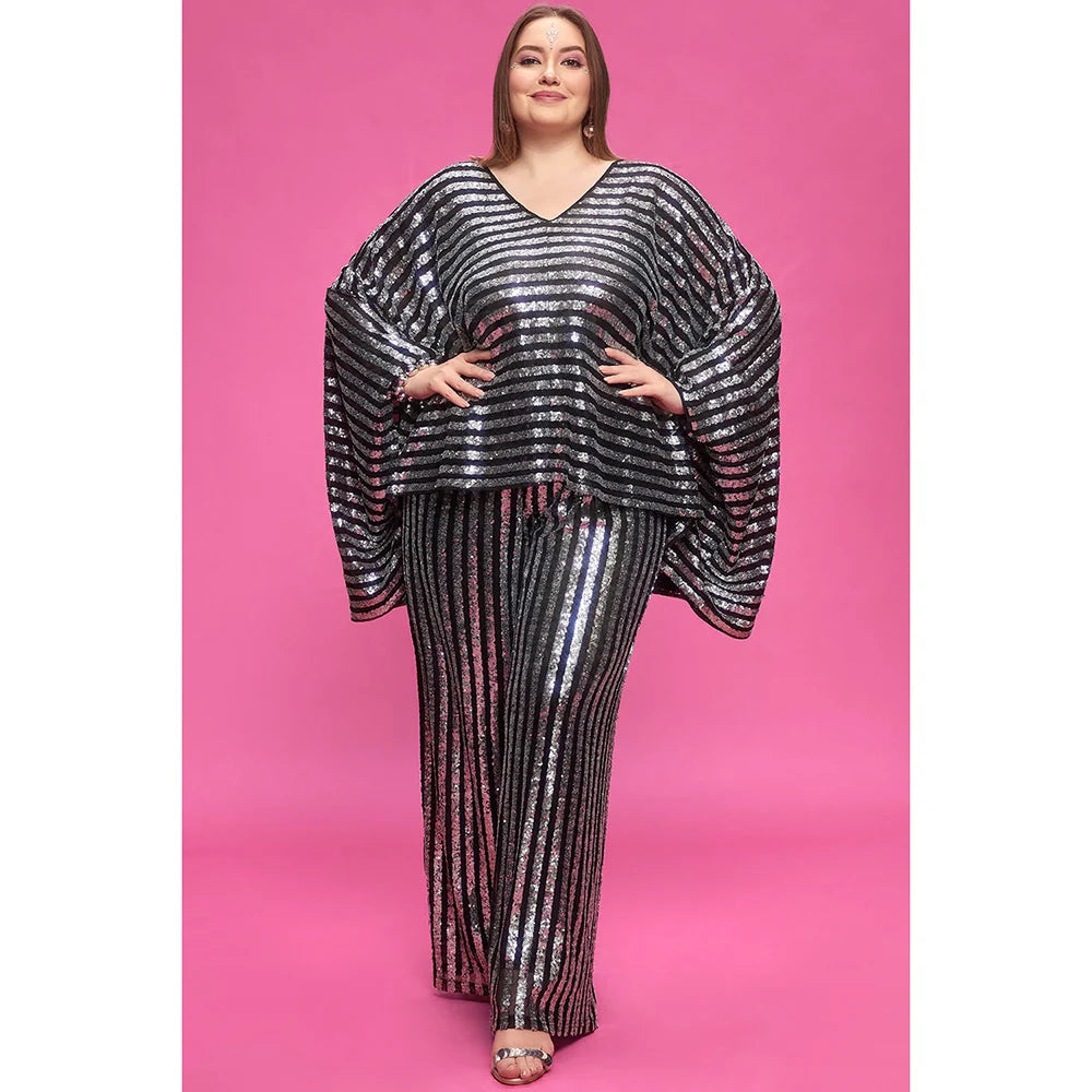 Plus Size Party Silver Fall Winter V Neck Batwing Sleeve 3/4 Sleeve Pocket Sequin Two Piece Pant Sets