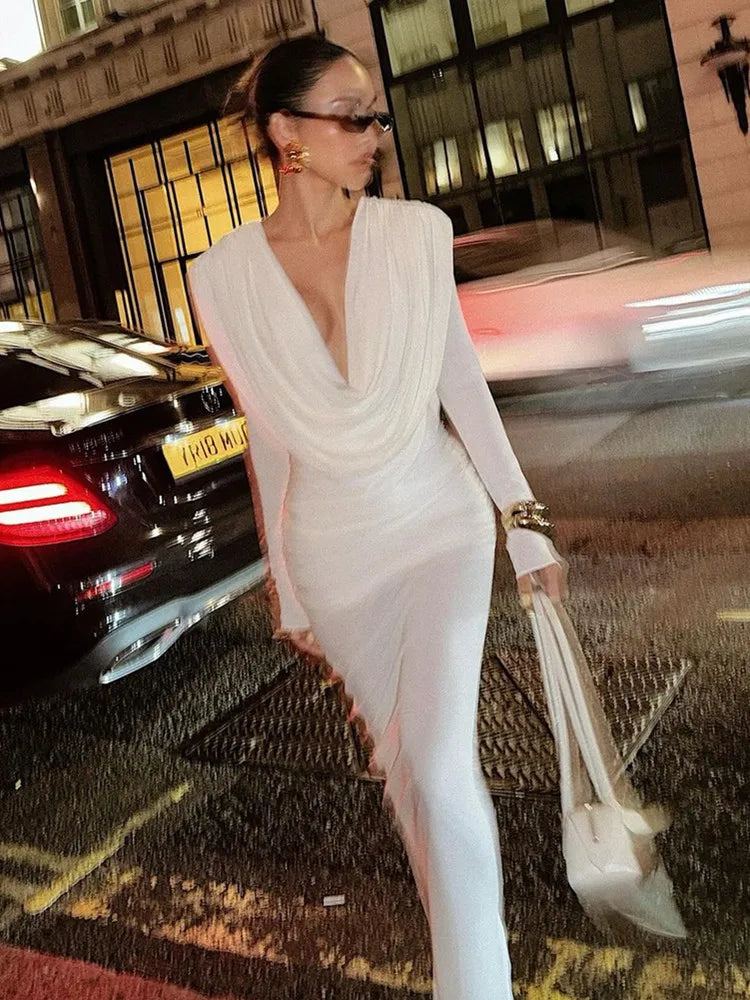 Women Celebrity Sexy Long Sleeve Deep V Neck Ruched White Maxi Long Gowns Dress 2025 Elegant Evening Party Club Vestido WHITE