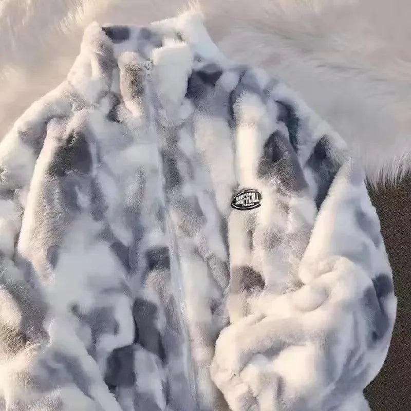 Women Tie Dye Lamb Fleece Jacket Autumn Winter Zipper Outerwear Warm Plush Jackets Harajuku Casual Loose Female Thick Coat Grey