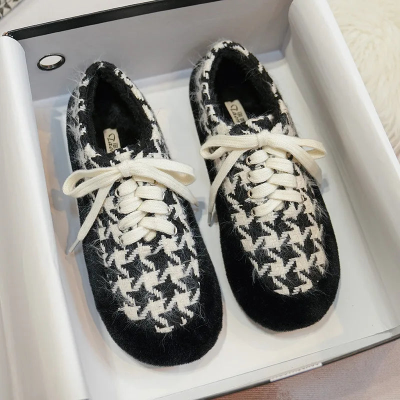 2023 winter women's plush warm shoes Korean style Lace-up loafers party and work wear Ladies' casual flats mary jane boat shoes black