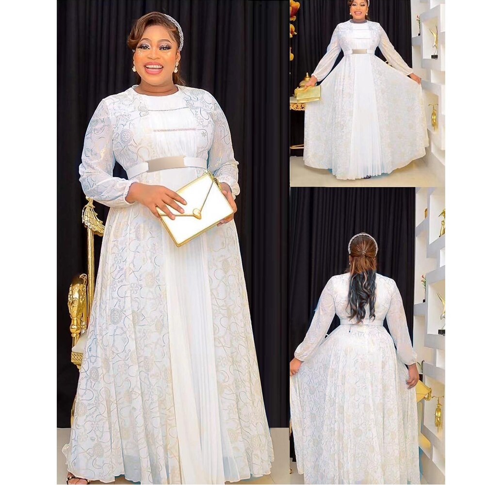 African Maxi Dresses For Women 2024 Plus Size Evening Party Long Dress Africa Clothing Elegant Kaftan Muslim Chiffon Dress White