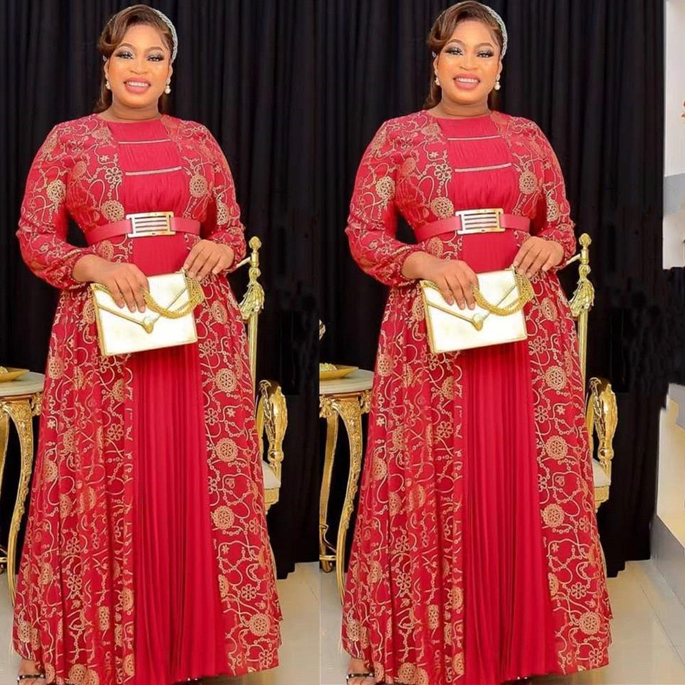 African Maxi Dresses For Women 2024 Plus Size Evening Party Long Dress Africa Clothing Elegant Kaftan Muslim Chiffon Dress Red