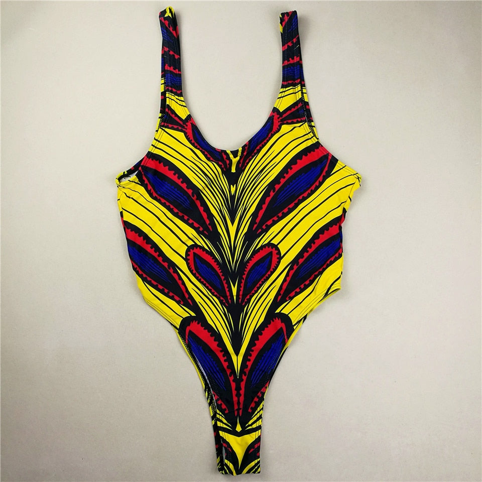 African Print Retro Monokini One Piece Swimsuit - Backless Swimwear Maillot Swimsuit Summer Swimming Bodysuit Bathing Suit 18084B