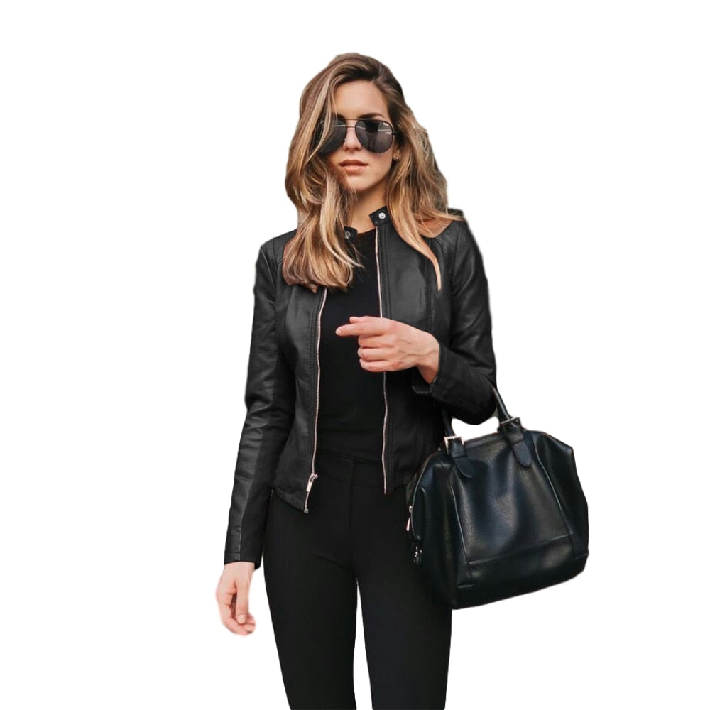 Allukasa Women Bike Coat PU Leather Outwear Zipper Outfit Spring Autumn WomeFashion Short Thin Female Jacket