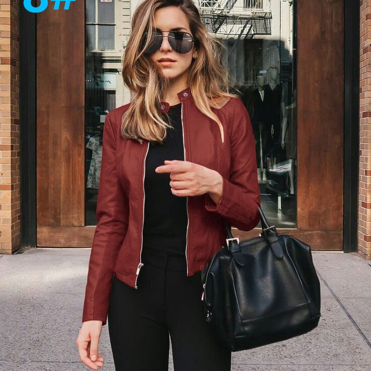 Allukasa Women Bike Coat PU Leather Outwear Zipper Outfit Spring Autumn WomeFashion Short Thin Female Jacket 8