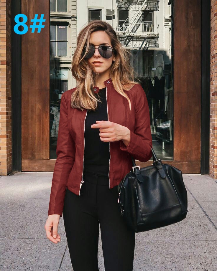 Allukasa Women Bike Coat PU Leather Outwear Zipper Outfit Spring Autumn WomeFashion Short Thin Female Jacket 8