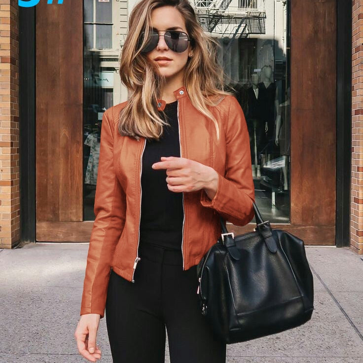 Allukasa Women Bike Coat PU Leather Outwear Zipper Outfit Spring Autumn WomeFashion Short Thin Female Jacket 3