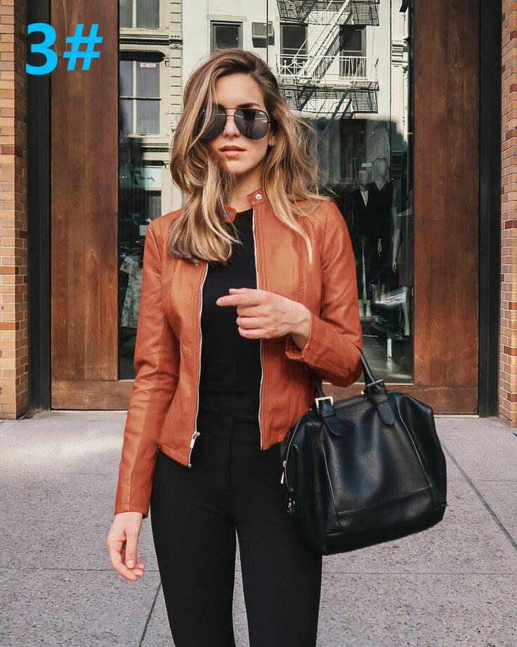 Allukasa Women Bike Coat PU Leather Outwear Zipper Outfit Spring Autumn WomeFashion Short Thin Female Jacket 3