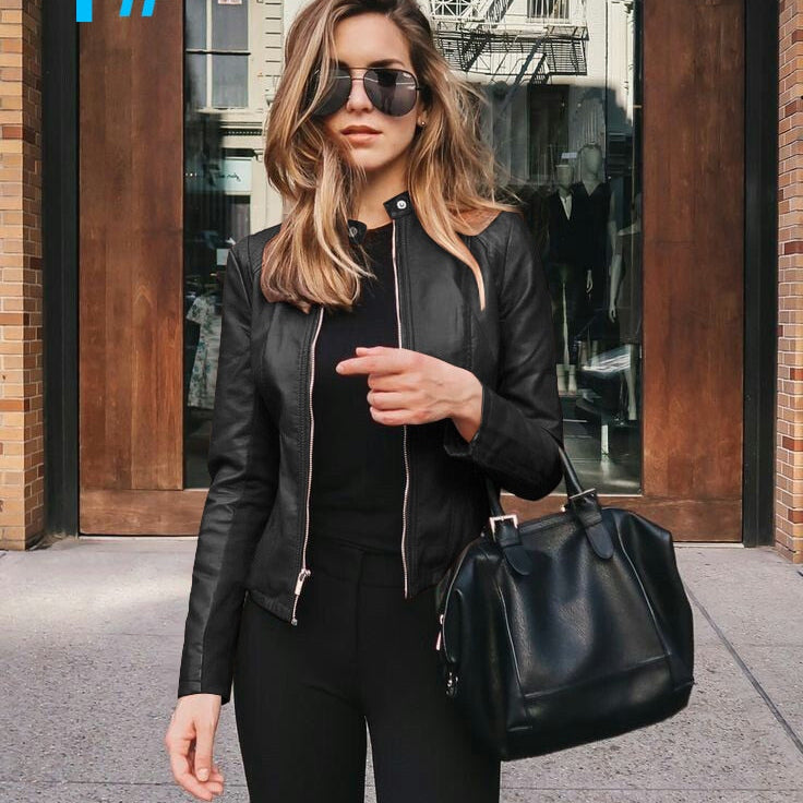 Allukasa Women Bike Coat PU Leather Outwear Zipper Outfit Spring Autumn WomeFashion Short Thin Female Jacket 1