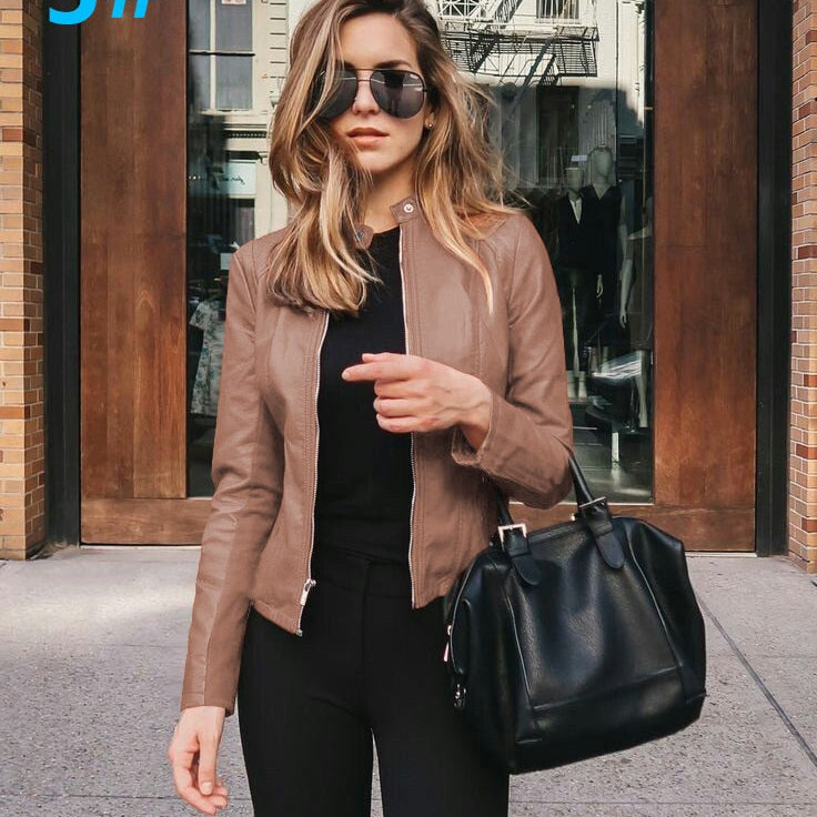 Allukasa Women Bike Coat PU Leather Outwear Zipper Outfit Spring Autumn WomeFashion Short Thin Female Jacket 5