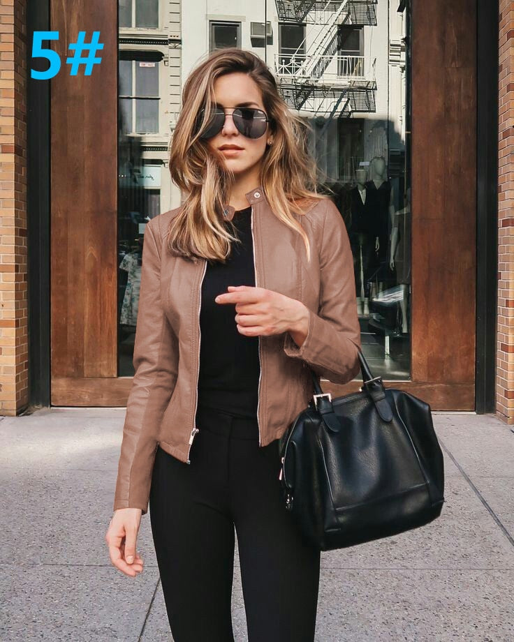 Allukasa Women Bike Coat PU Leather Outwear Zipper Outfit Spring Autumn WomeFashion Short Thin Female Jacket 5