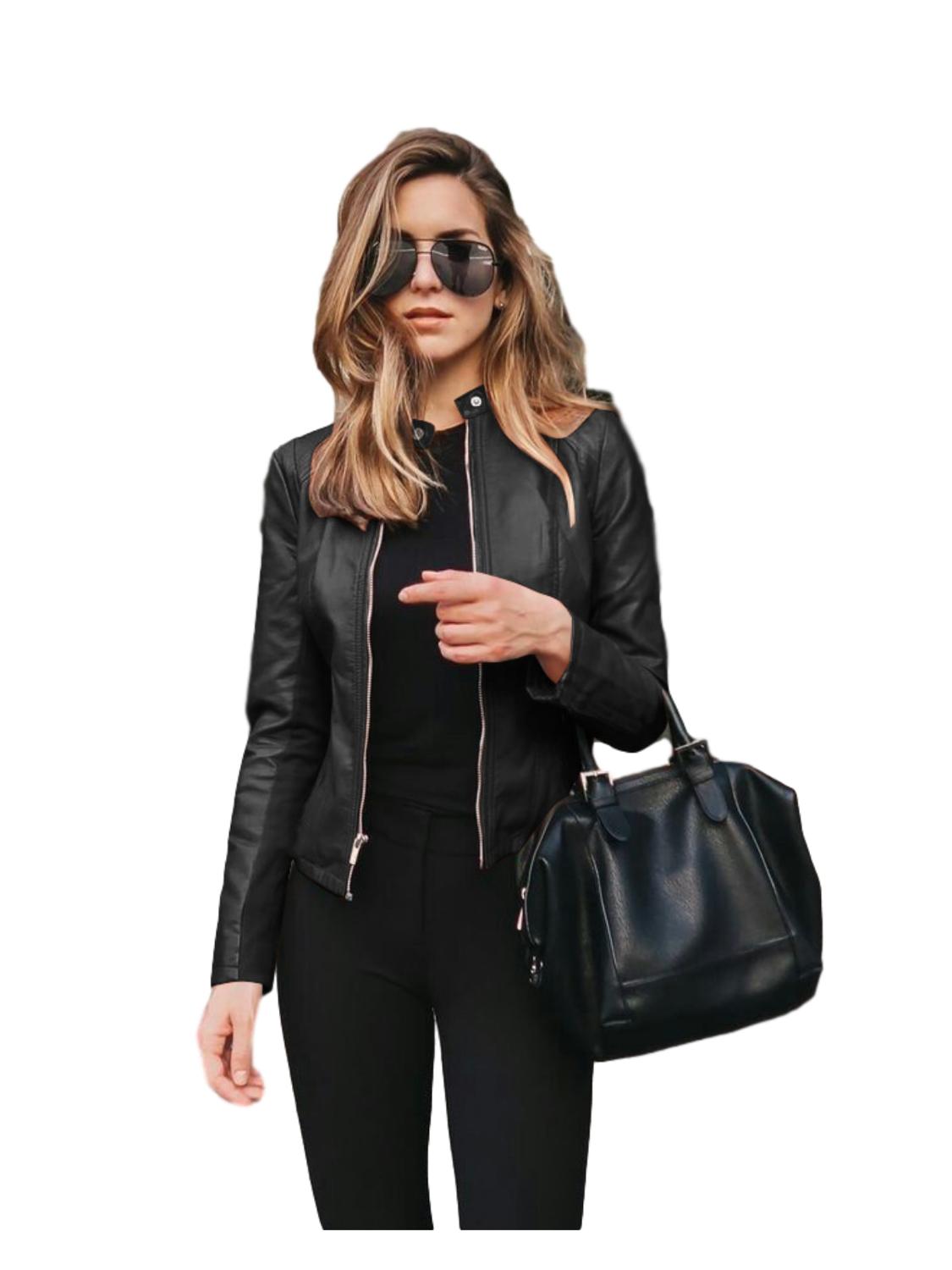Allukasa Women Bike Coat PU Leather Outwear Zipper Outfit Spring Autumn WomeFashion Short Thin Female Jacket