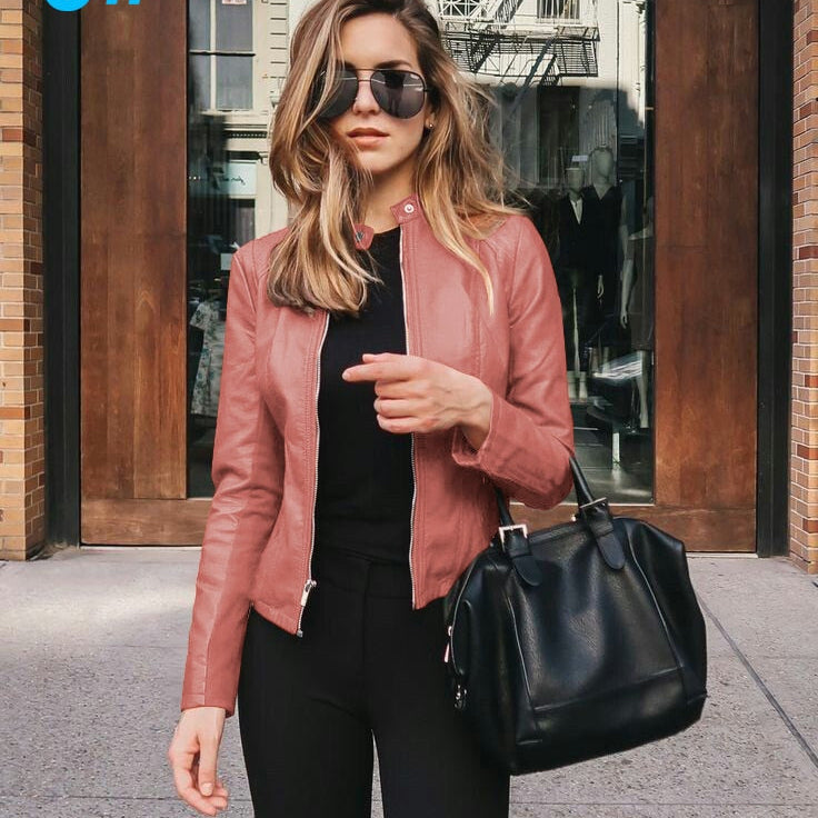 Allukasa Women Bike Coat PU Leather Outwear Zipper Outfit Spring Autumn WomeFashion Short Thin Female Jacket 6