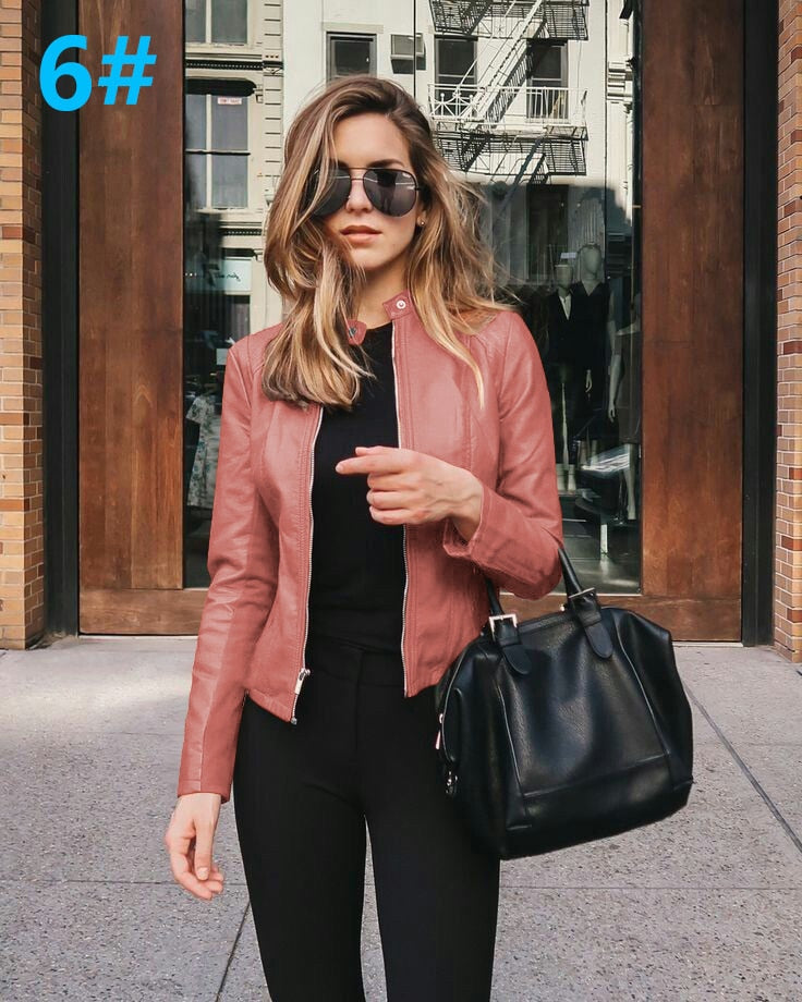 Allukasa Women Bike Coat PU Leather Outwear Zipper Outfit Spring Autumn WomeFashion Short Thin Female Jacket 6