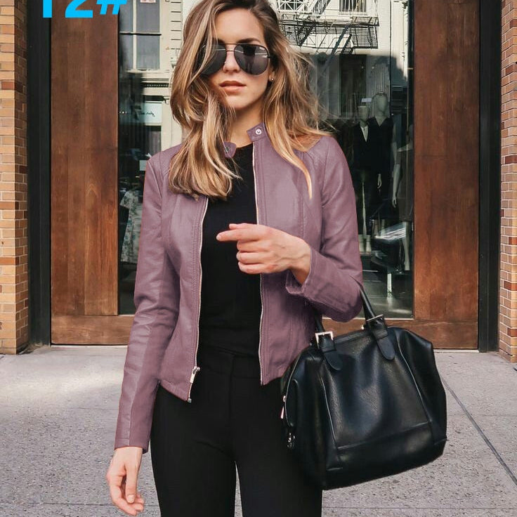 Allukasa Women Bike Coat PU Leather Outwear Zipper Outfit Spring Autumn WomeFashion Short Thin Female Jacket 12