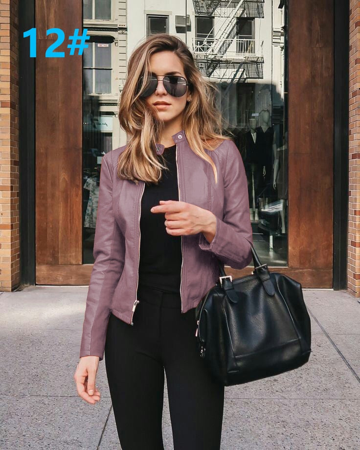 Allukasa Women Bike Coat PU Leather Outwear Zipper Outfit Spring Autumn WomeFashion Short Thin Female Jacket 12
