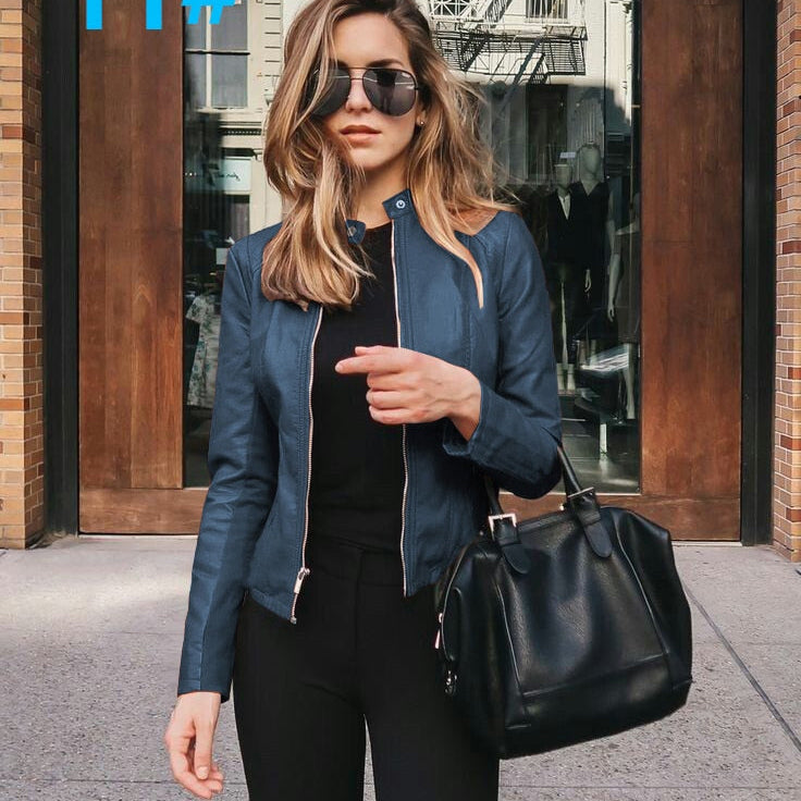 Allukasa Women Bike Coat PU Leather Outwear Zipper Outfit Spring Autumn WomeFashion Short Thin Female Jacket 11