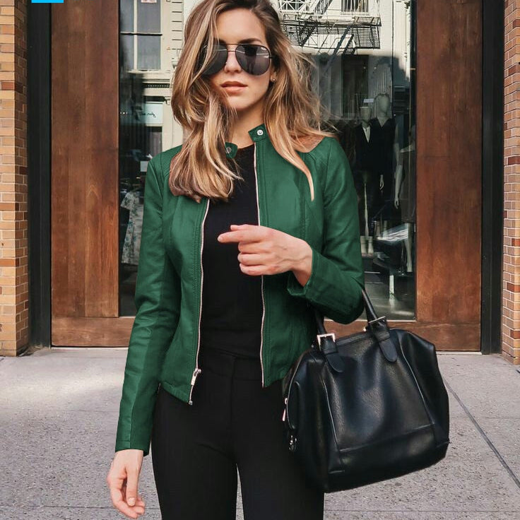 Allukasa Women Bike Coat PU Leather Outwear Zipper Outfit Spring Autumn WomeFashion Short Thin Female Jacket 2