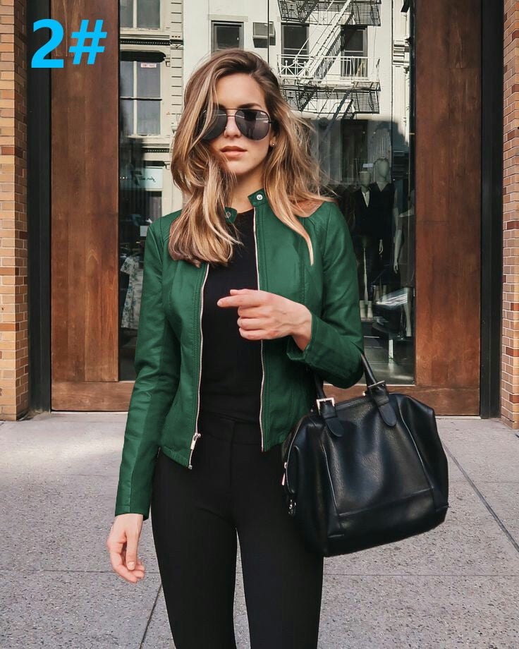 Allukasa Women Bike Coat PU Leather Outwear Zipper Outfit Spring Autumn WomeFashion Short Thin Female Jacket 2