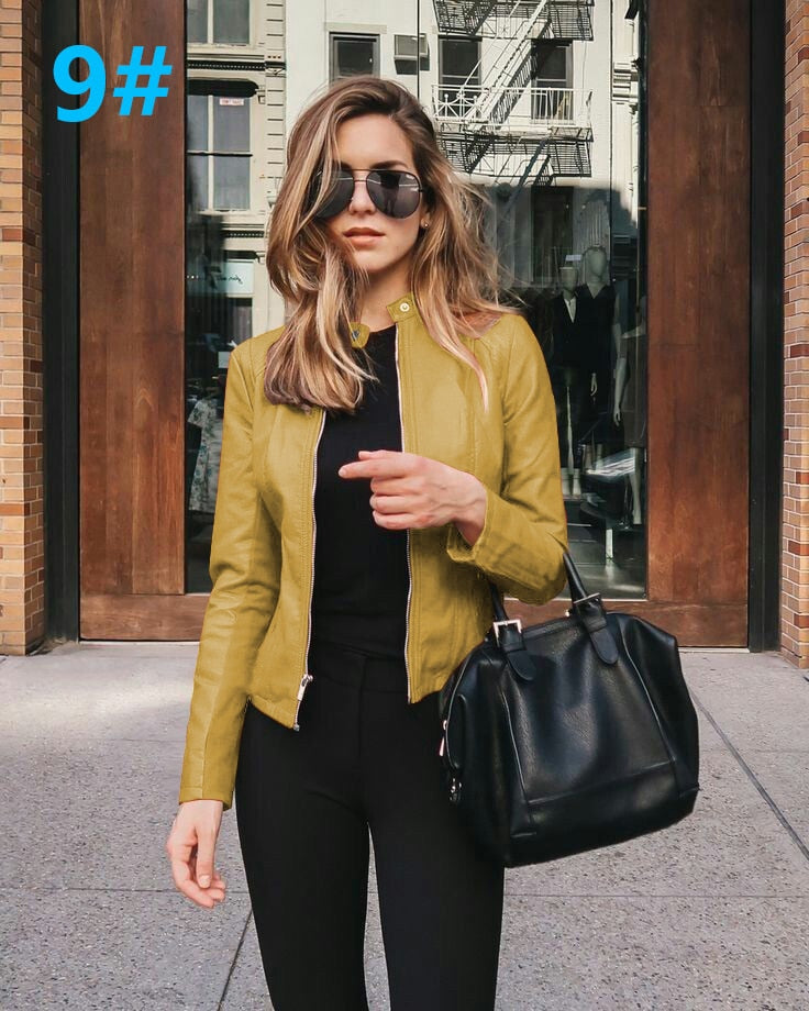 Allukasa Women Bike Coat PU Leather Outwear Zipper Outfit Spring Autumn WomeFashion Short Thin Female Jacket 9