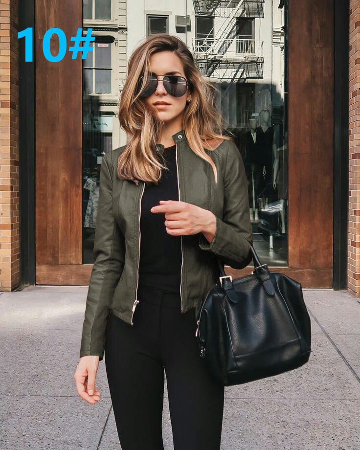 Allukasa Women Bike Coat PU Leather Outwear Zipper Outfit Spring Autumn WomeFashion Short Thin Female Jacket 10