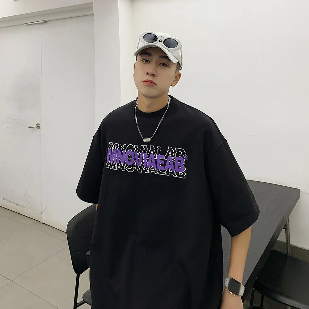 American 210GSM Printed T-shirts Men's Oversized Summer Cotton Short Sleeve Tees Ins Male Top Streetwear Versatile Clothes Black