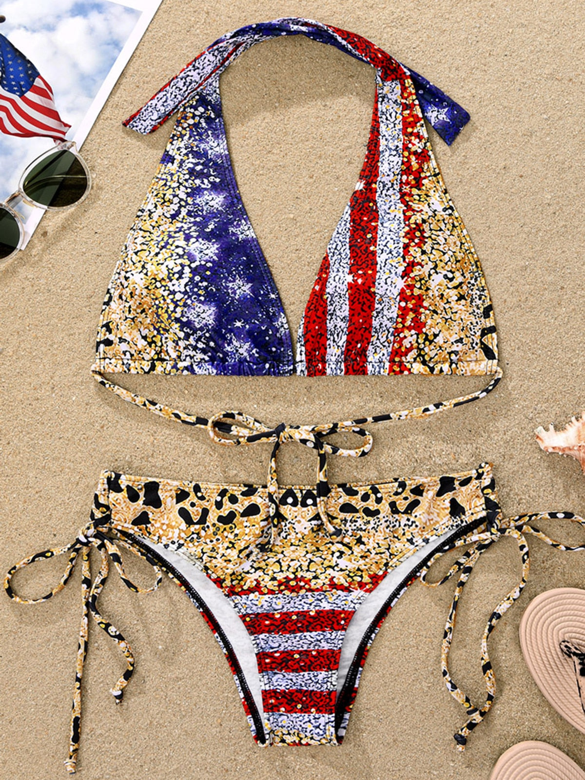 American Flag Leopard Glitter Drawstring Bikini Set 2024 mujer Sexy Backless Lace-up Swimsuit Beach Swimwear For Women 2 Pieces