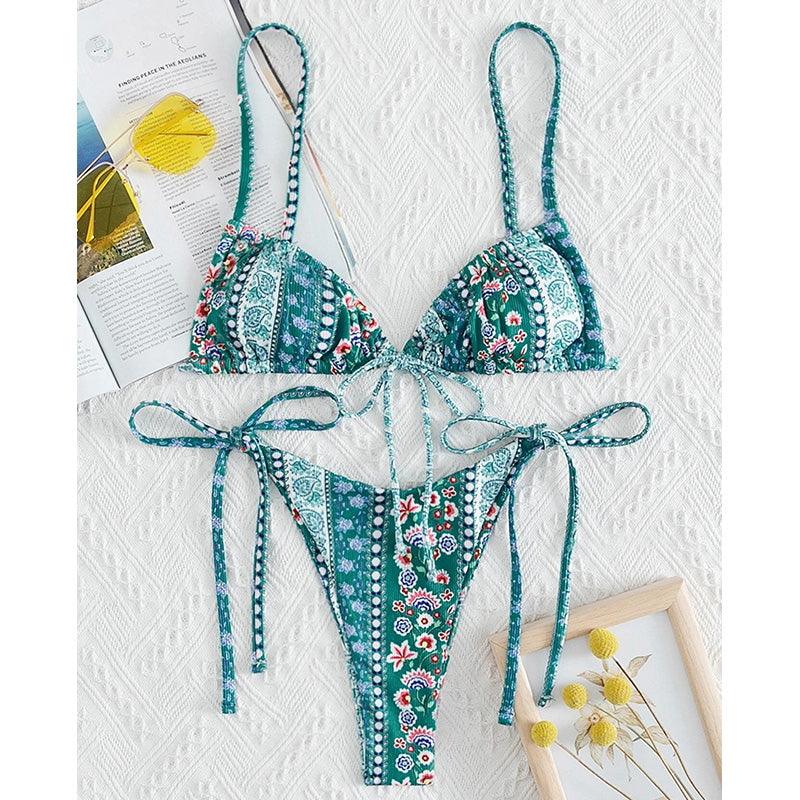 American Style Printed Sub-system Belt Swimsuit Dark green