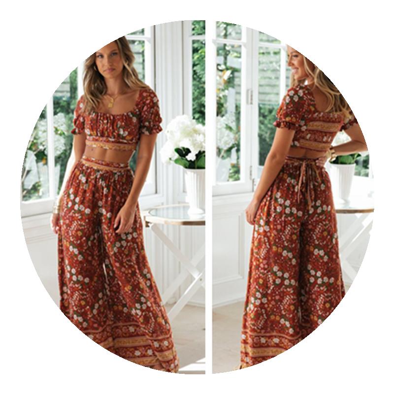 American Style Square Neck Ruffle Print Suit Short Suspender Top And Wide Leg Pants