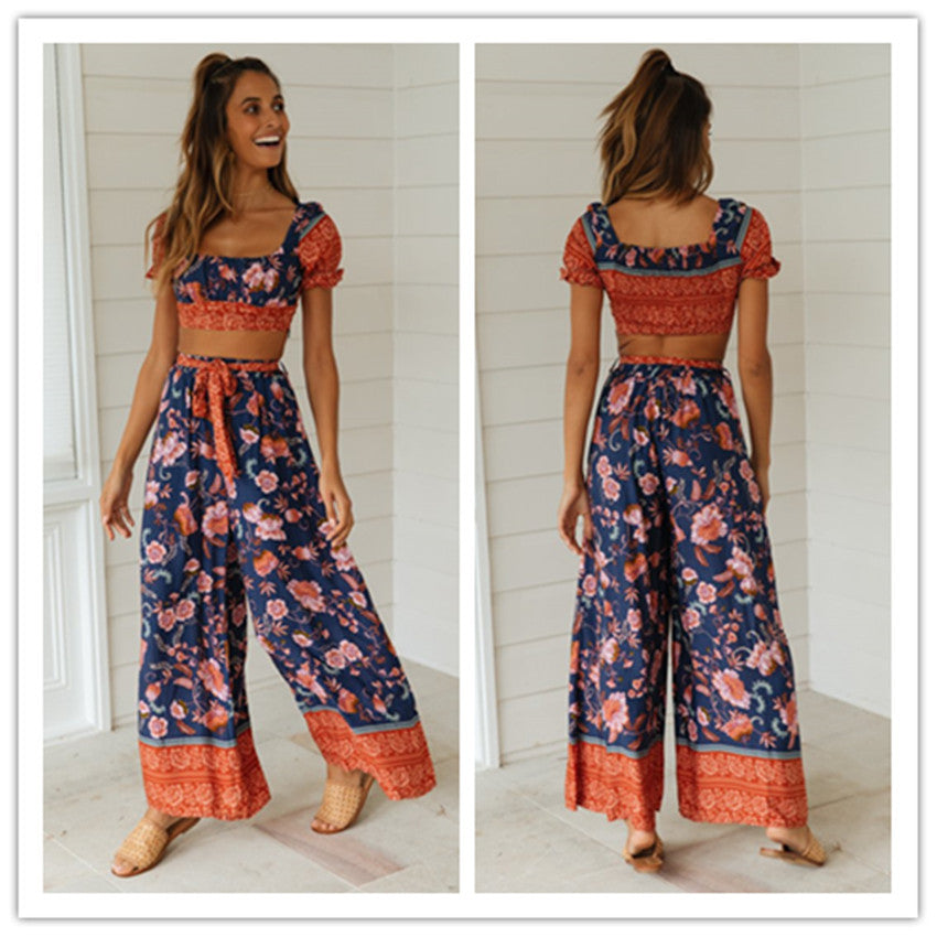 American Style Square Neck Ruffle Print Suit Short Suspender Top And Wide Leg Pants Blue